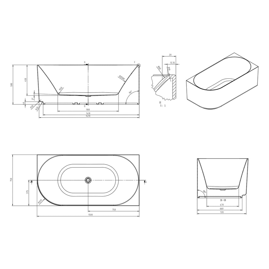 Technical dimensions diagram for Otti Attica Celine 1500mm right corner bathtub by Tilemall