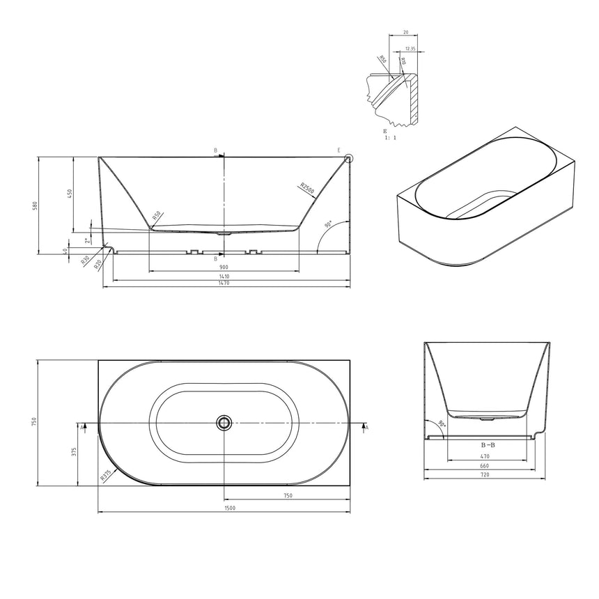 Technical dimensions diagram for Otti Attica Celine 1500mm bathtub with specifications by Tilemall