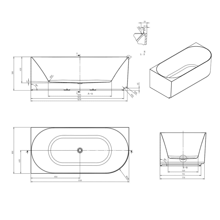 Technical dimensions diagram for Otti Attica Celine 1700mm corner bathtub with overflow specifications by Tilemall