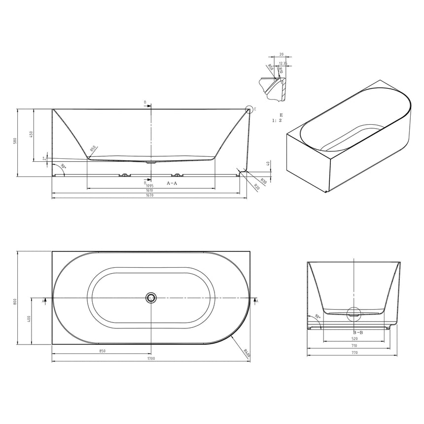 Technical dimensions diagram for Otti Attica Celine 1700mm corner bathtub with specifications by Tilemall
