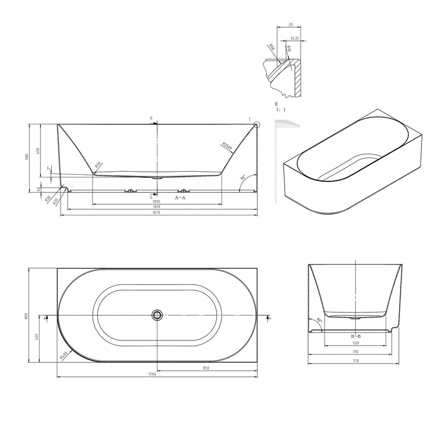 Technical dimensions diagram for Otti Attica Celine 1700mm right corner bathtub with specifications by Tilemall
