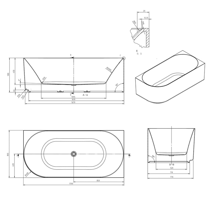 Technical dimensions diagram for Otti Attica Celine 1700mm bathtub with measurements by Tilemall