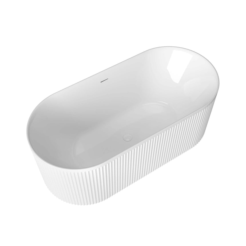 Side view of Otti Attica Havana gloss white freestanding bath showing interior bowl and fluted panel detail by Tilemall
