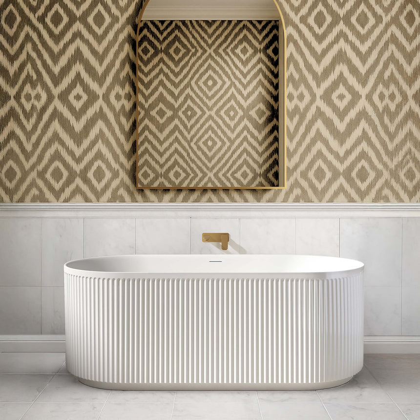 Otti Attica Havana bathtub installed in modern bathroom interior with white shiplap and patterned wallpaper by Tilemall