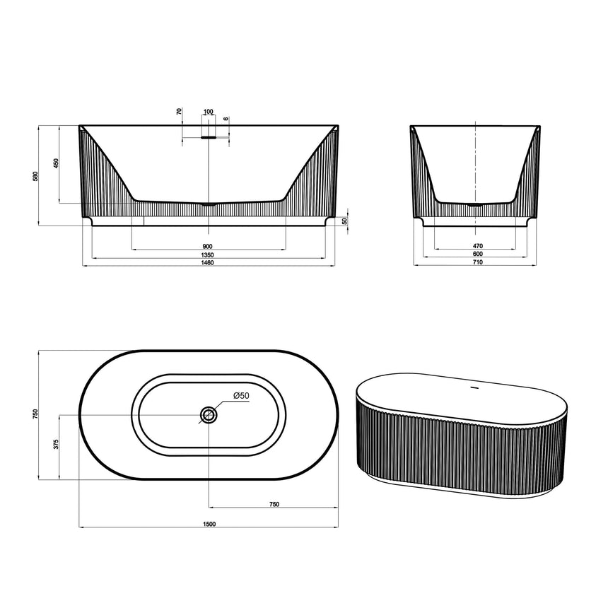 Technical dimensions diagram for Otti Attica Havana 1500mm freestanding bath with overflow specifications by Tilemall