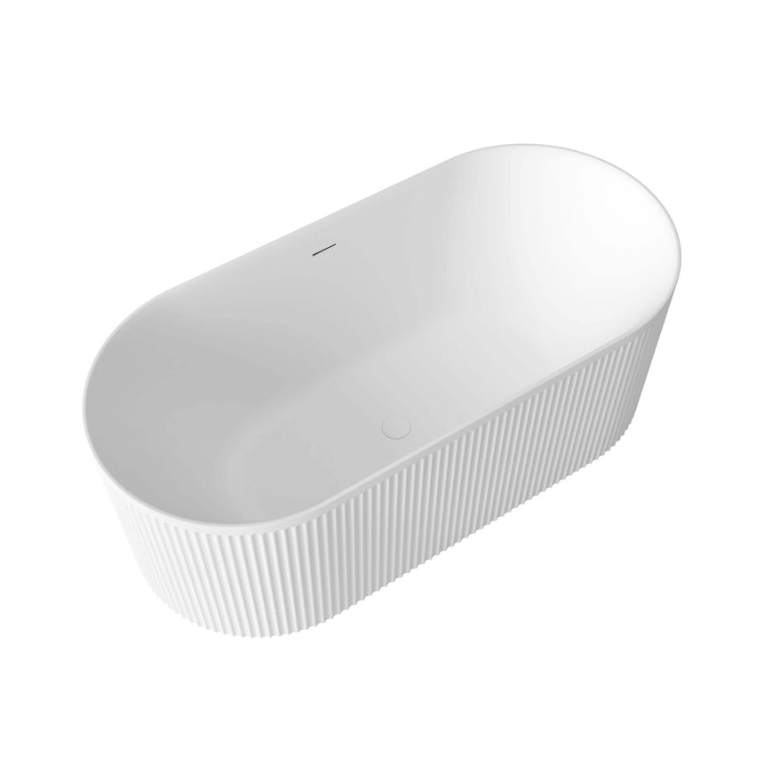Side view of Otti Attica Havana freestanding bathtub showing curved rim and vertical fluted panel detail by Tilemall