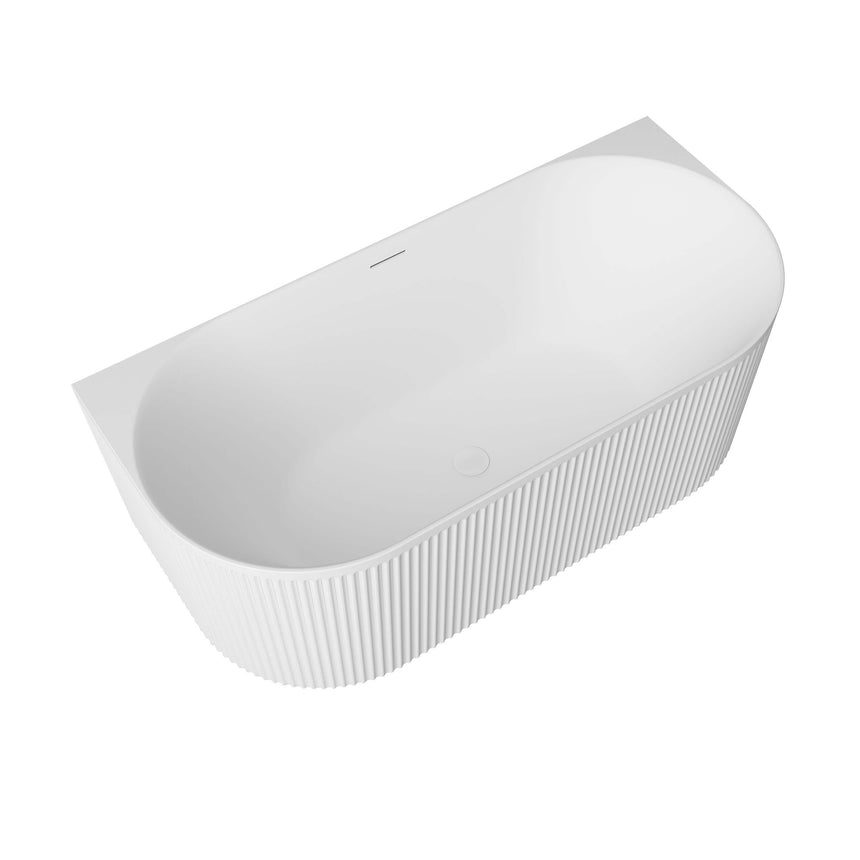 Side angled view of Otti Attica Havana 1500mm matte white bathtub with overflow detail visible by Tilemall