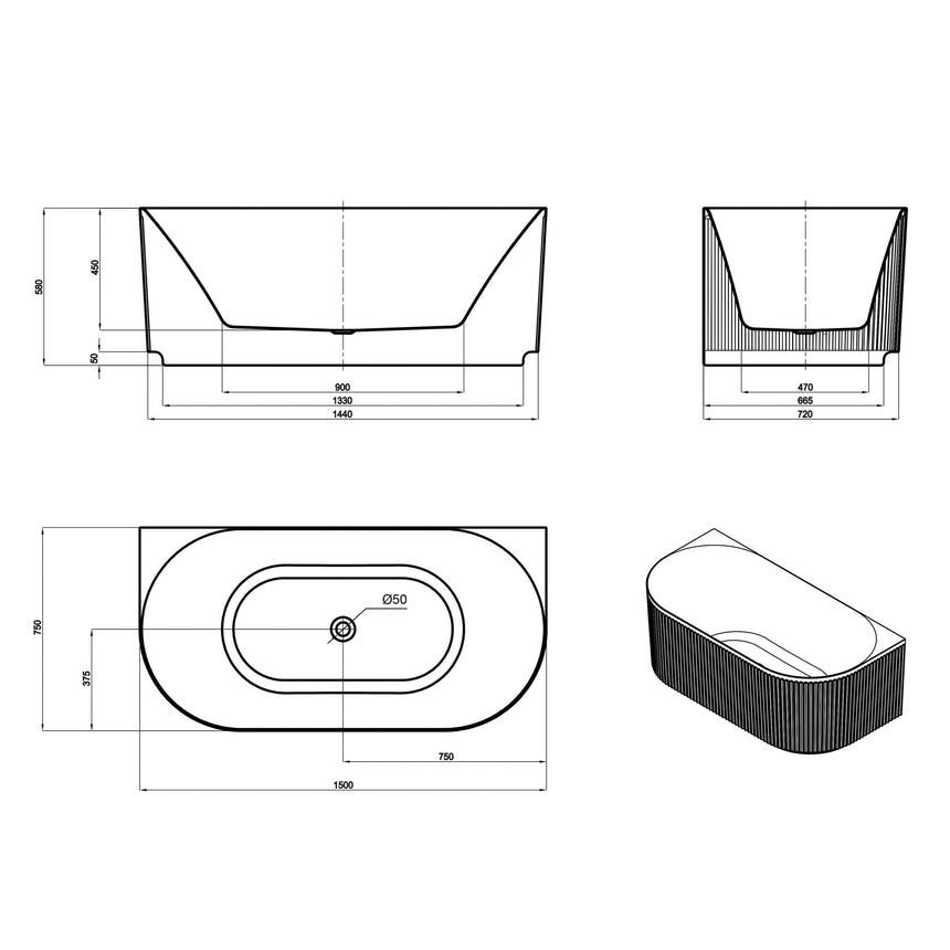 Technical dimensions diagram for Otti Attica Havana 1500mm bathtub showing length, width and depth measurements by Tilemall
