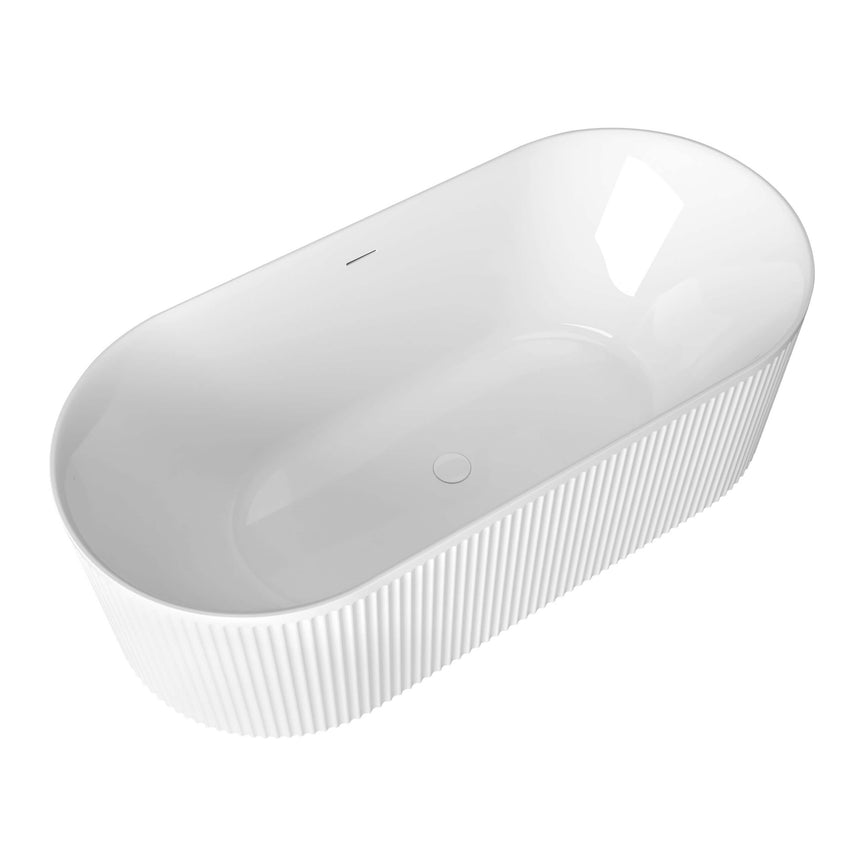 Side view of Otti Attica Havana bathtub showing oval shape, gloss white finish and fluted panel detail by Tilemall