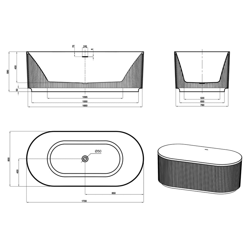 Technical dimensions diagram for Otti Attica Havana 1700mm bathtub showing overflow and specifications by Tilemall