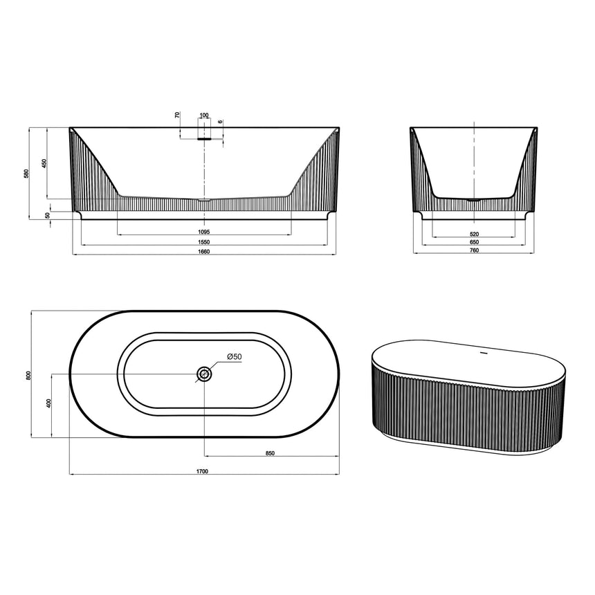 Technical dimensions diagram for Otti Attica Havana 1700mm bathtub showing length, width, height and overflow specifications by Tilemall