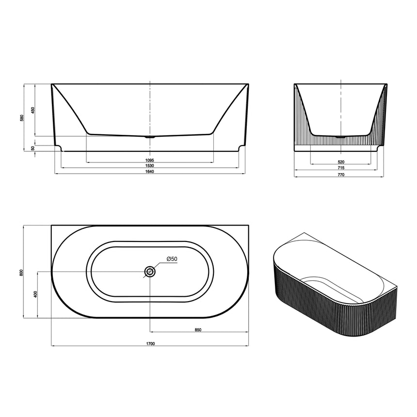 Technical dimensions diagram for Otti Attica Havana 1700mm bathtub showing length, width, height and overflow specifications by Tilemall
