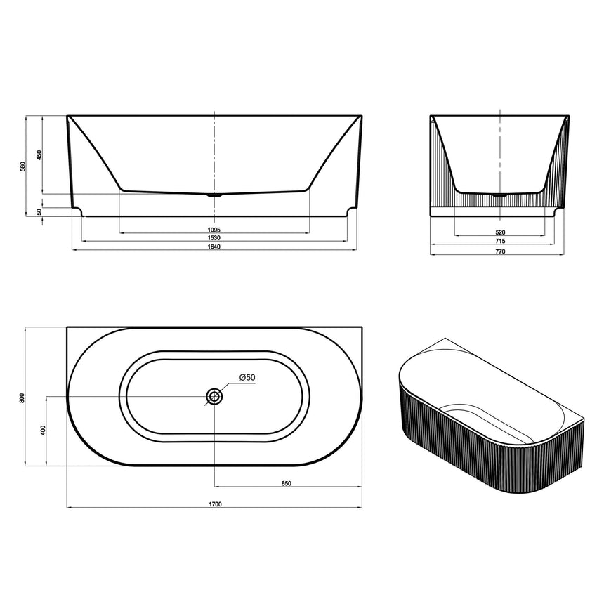 Technical dimensions diagram for Otti Attica Havana 1700mm bathtub with front, side and top views by Tilemall