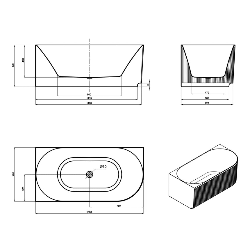 Technical dimensions diagram for Otti Attica Havana 1500mm corner bath by Tilemall