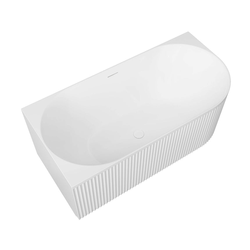 3D perspective of Otti Attica Havana 1500mm corner bathtub with matte white finish and vertical fluted panelling by Tilemall