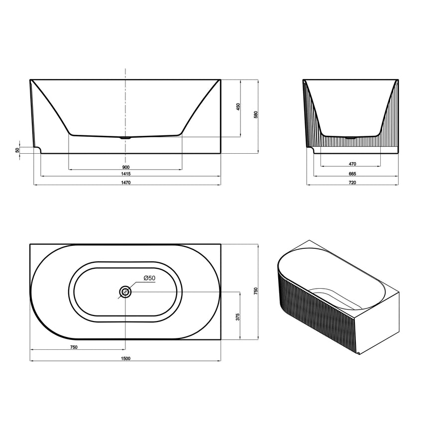 Technical dimensions diagram for Otti Attica Havana 1500mm corner bath with fluted detail and overflow specifications by Tilemall