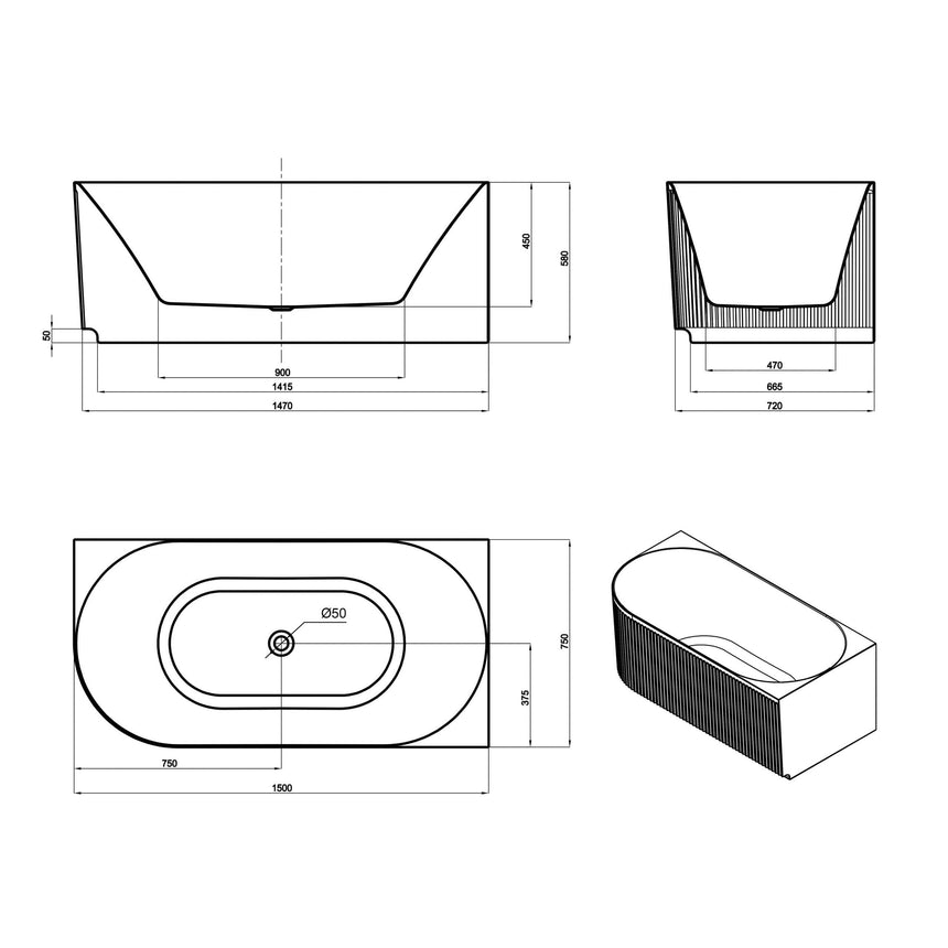 Technical dimensions diagram for Otti Attica Havana 1500mm corner bath with measurements by Tilemall