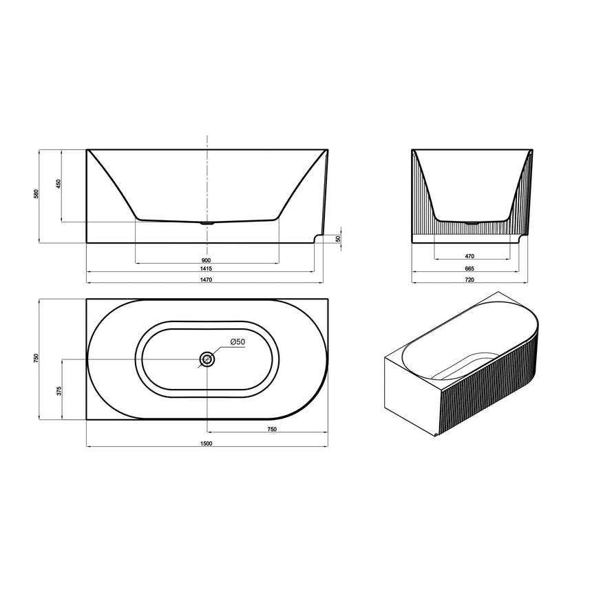Technical dimensions diagram for Otti Attica Havana 1700mm corner bathtub showing side, end and top views by Tilemall