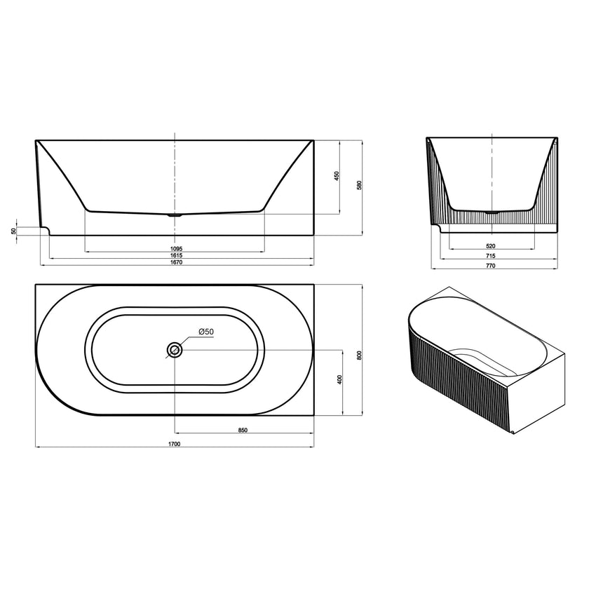 Technical dimensions diagram for Otti Attica Havana 1700mm corner bath showing side, end and top views with measurements by Tilemall