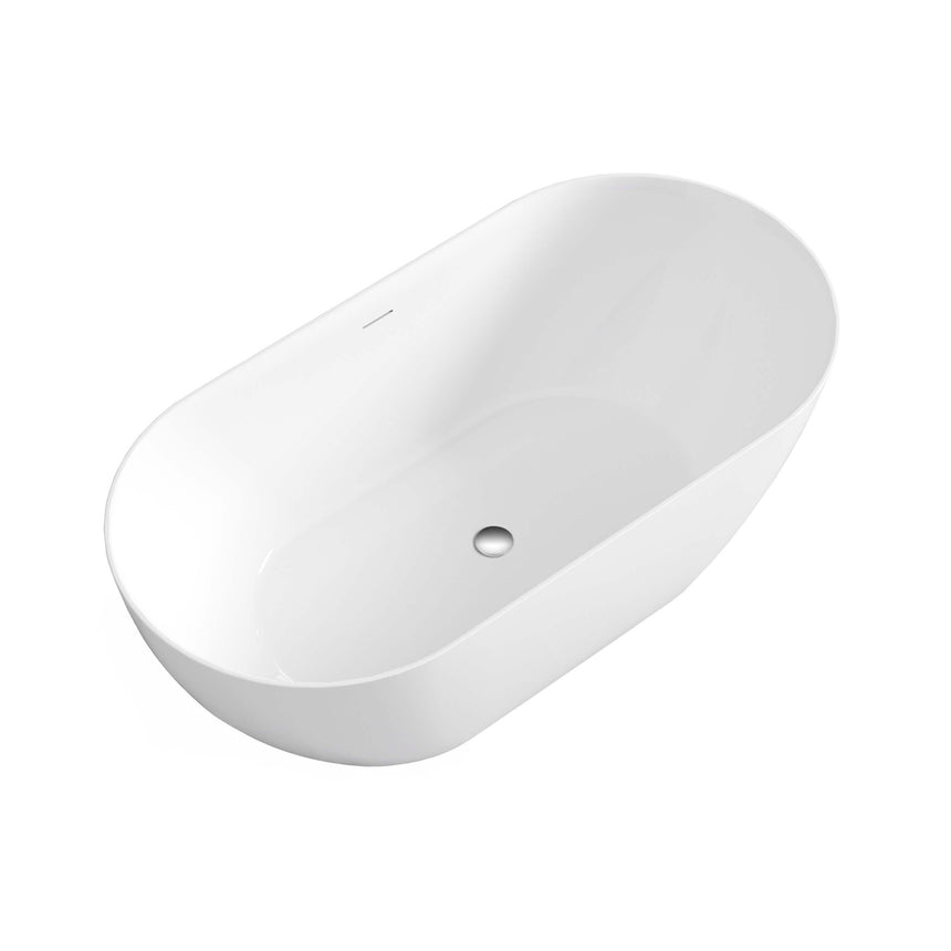 Otti Attica Manolo freestanding oval acrylic bathtub by Tilemall in gloss white showing overflow hole detail