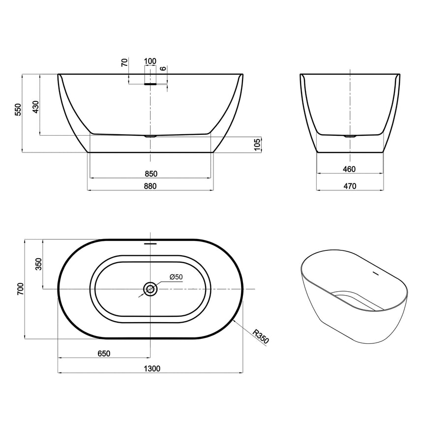 Technical dimensions diagram for Otti Attica Manolo 1300mm bathtub with overflow specifications by Tilemall