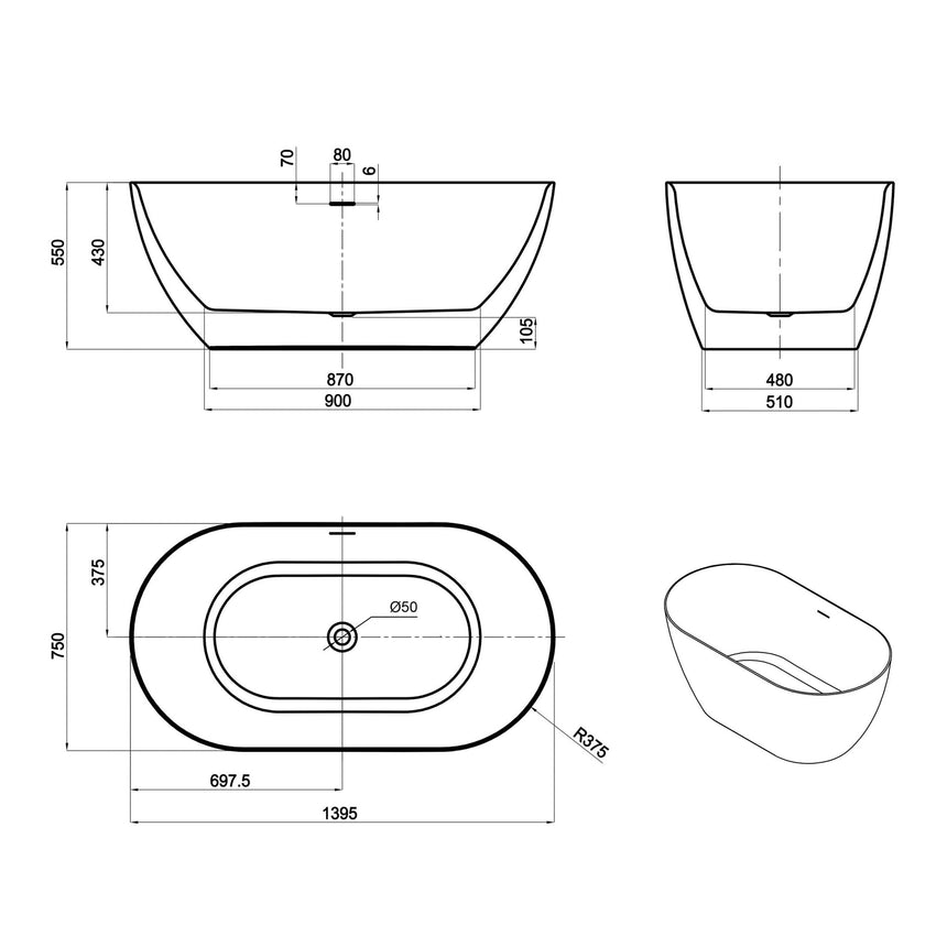 Technical dimensions diagram for Otti Attica Manolo 1400mm bathtub by Tilemall