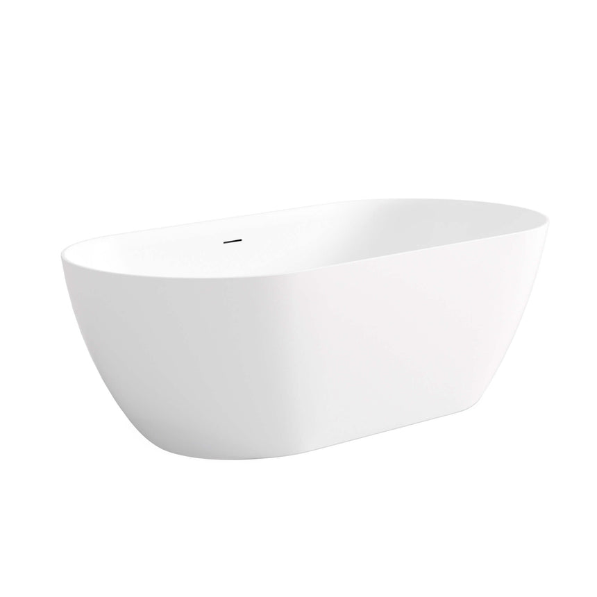 Side view of Otti Attica Manolo matte white freestanding bathtub showing curved profile and overflow detail by Tilemall