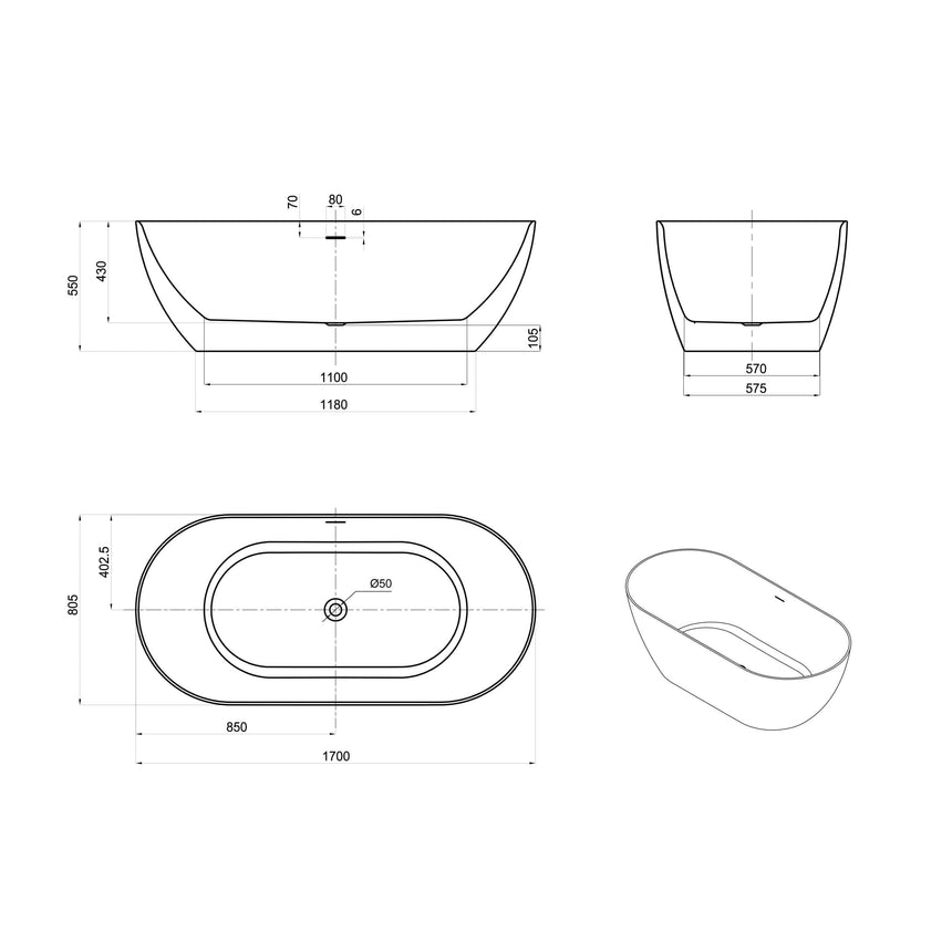 Technical dimensions diagram for Otti Attica Manolo 1700mm freestanding bathtub by Tilemall