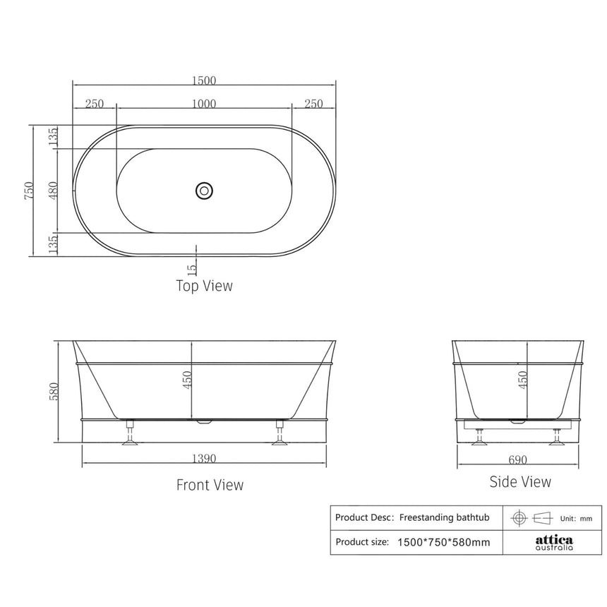 Technical dimensions diagram for Otti Attica Bondi 1500mm freestanding bathtub showing 750x580mm depth and overflow placement by Tilemall