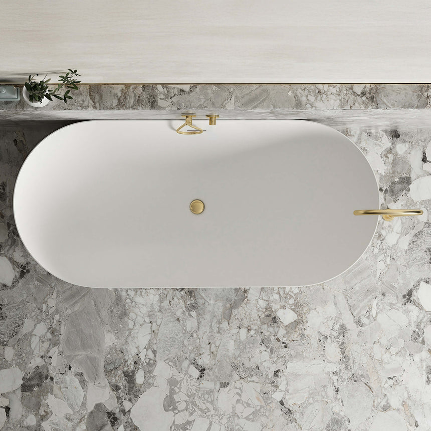 Top view of Otti Attica Bondi matte white freestanding bathtub showing oval shape and centre overflow by Tilemall
