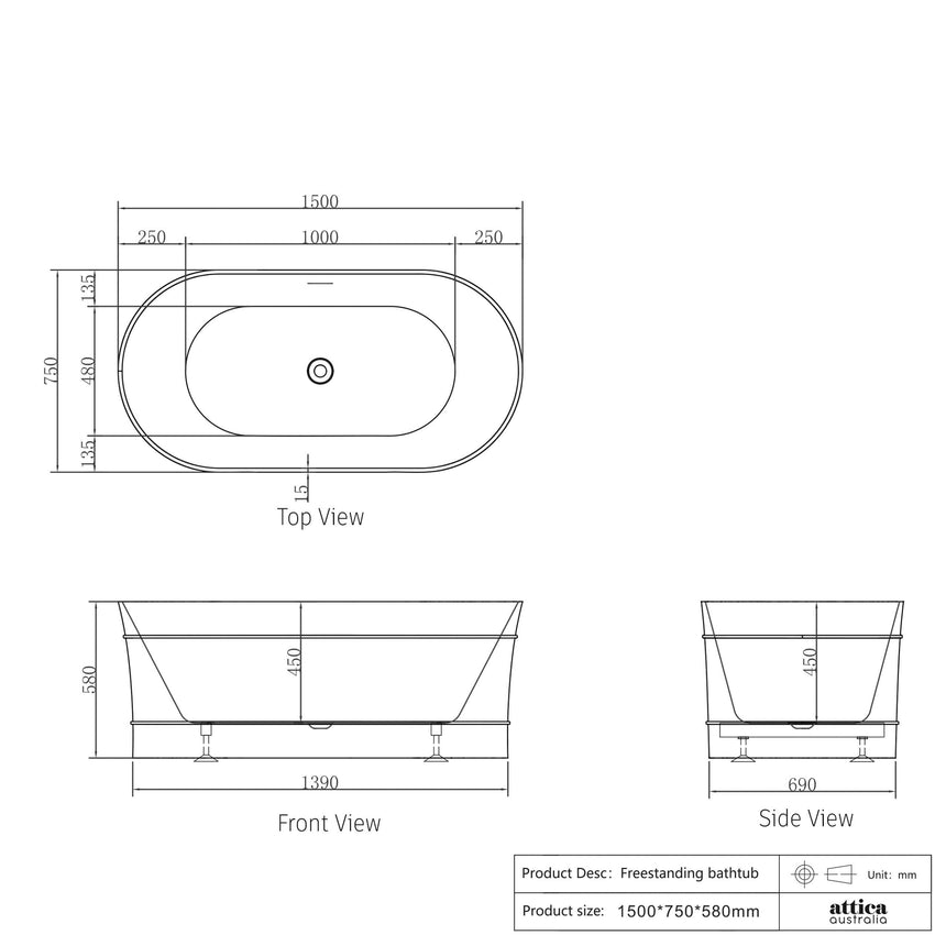 Technical dimensions diagram for Otti Attica Bondi 1500mm freestanding bathtub by Tilemall