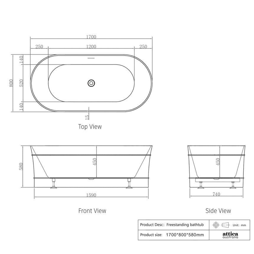 Technical dimensions diagram for Otti Attica Bondi 1700mm freestanding bathtub by Tilemall