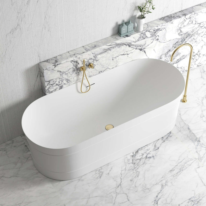 Otti Attica Bondi freestanding oval matte white acrylic bathtub by Tilemall, 1700mm, with brass overflow and tap