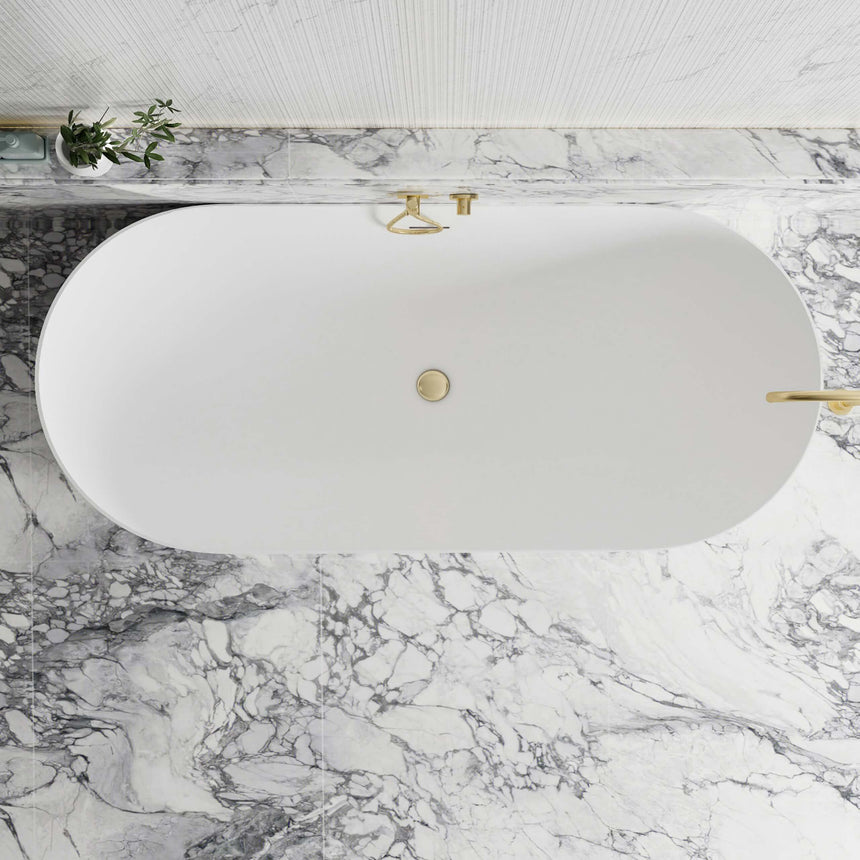 Top view of Otti Attica Bondi 1700mm matte white freestanding bathtub with brass fittings by Tilemall