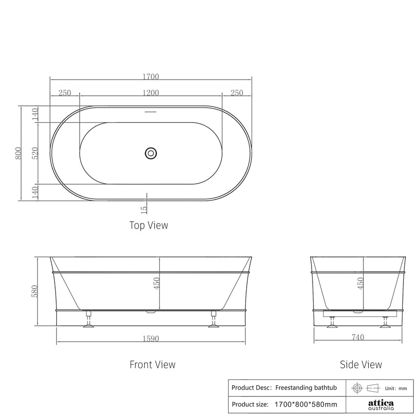 Technical dimensions diagram for Otti Attica Bondi 1700mm freestanding bathtub by Tilemall