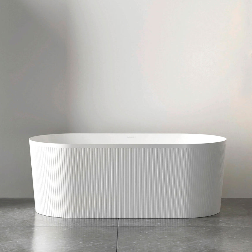 Freestanding oval acrylic bathtub by Tilemall, Otti Attica Noosa 1500mm, gloss white with fluted exterior and overflow