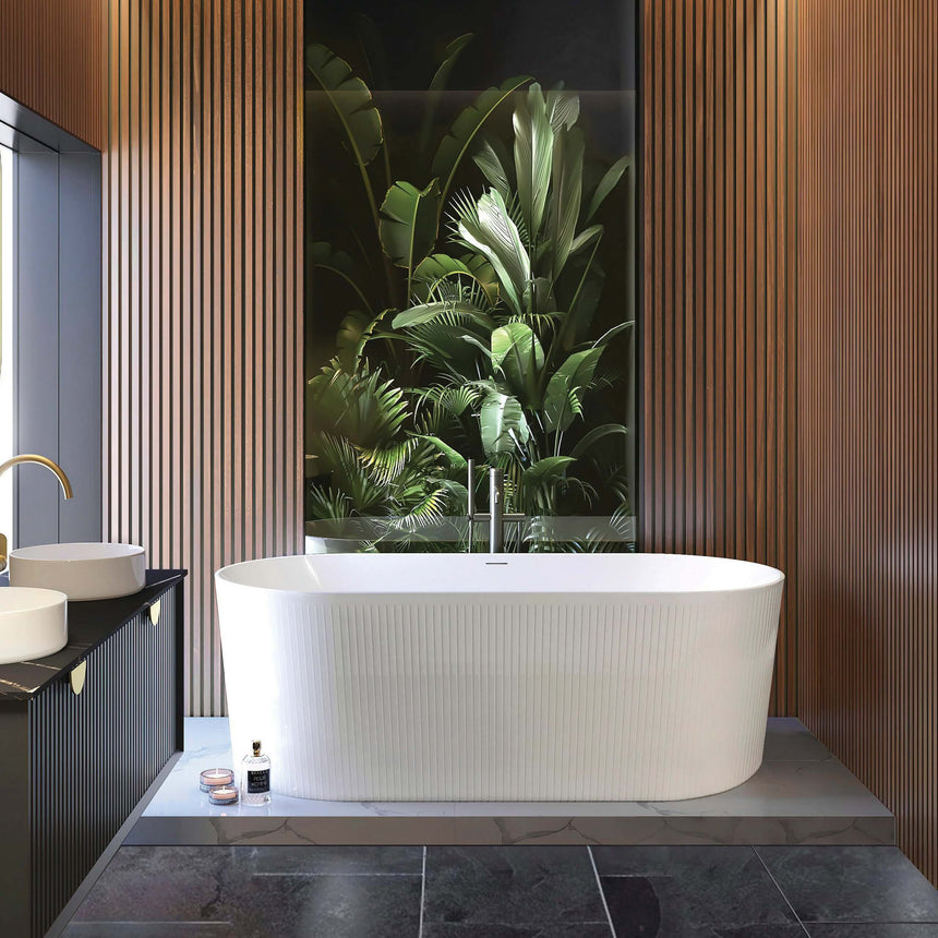 Otti Attica Noosa 1500mm freestanding bathtub by Tilemall in ensuite with timber panelling and plant feature