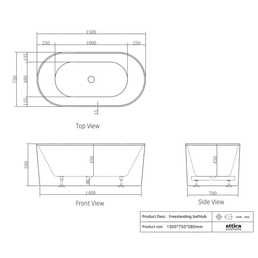Technical dimensions diagram for Otti Attica Noosa 1500mm freestanding bathtub, top and side views by Tilemall