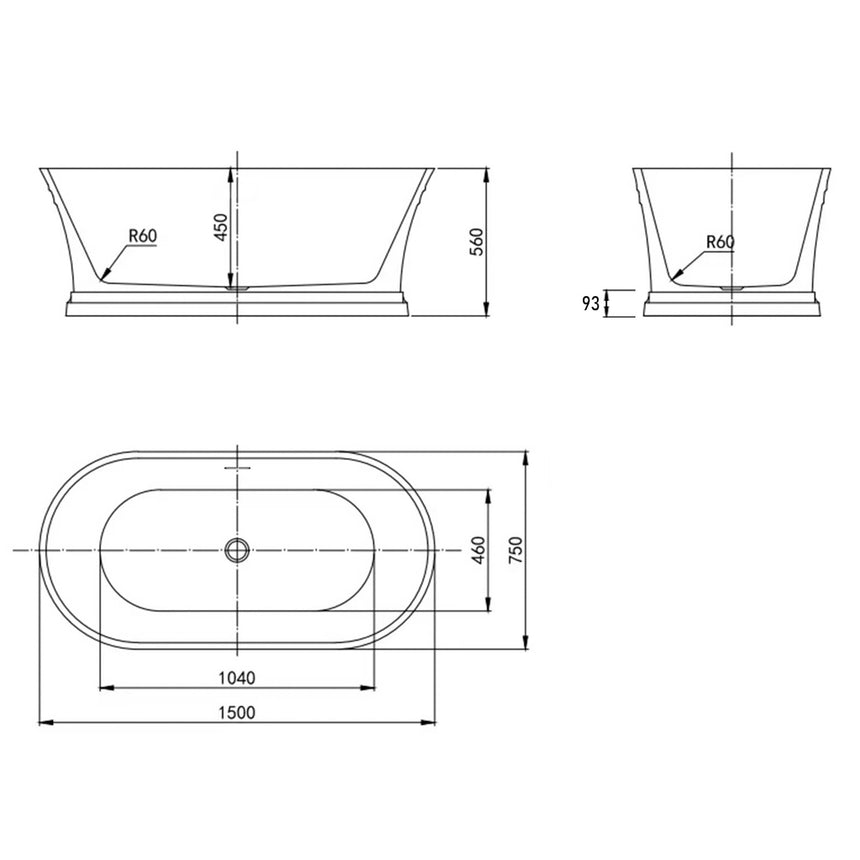 Technical dimensions diagram for Otti Hampton 1500mm bathtub showing 750mm height and 460mm depth by Tilemall