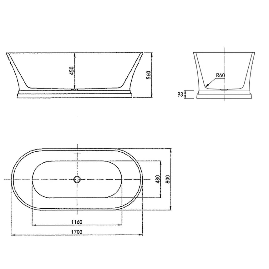 Technical dimensions diagram for Otti Hampton 1700mm bathtub showing side profile and top view by Tilemall
