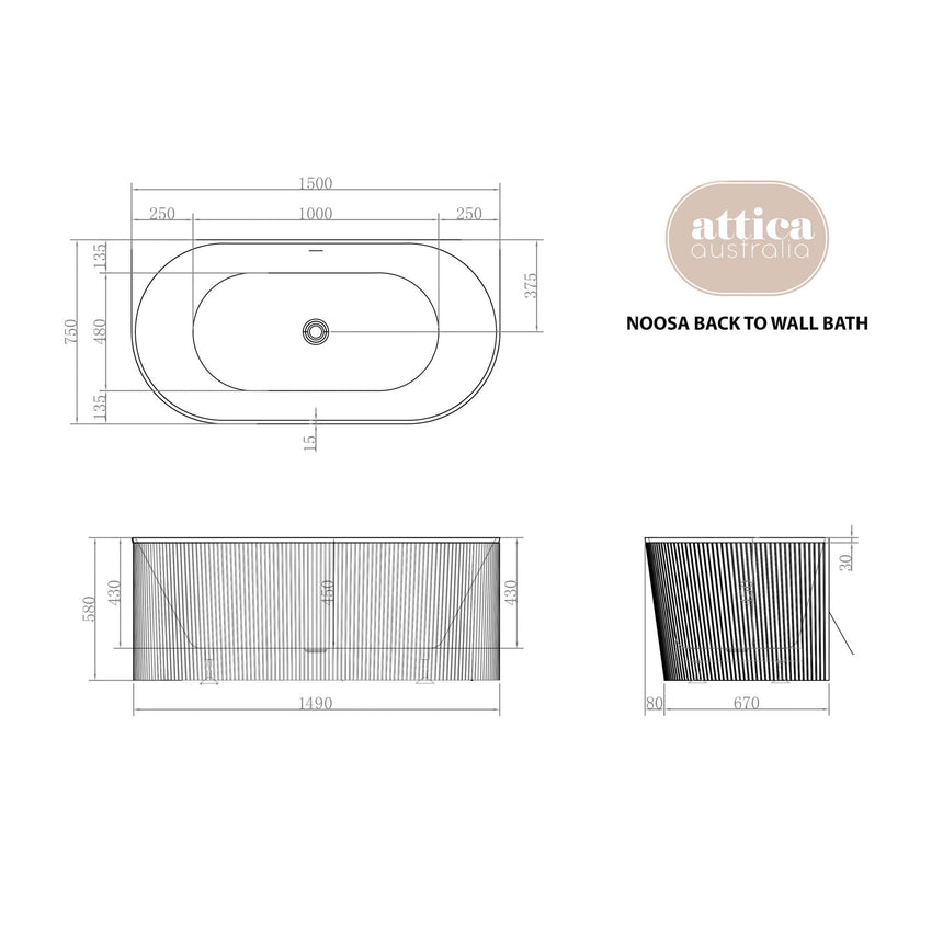 Technical dimensions diagram for Otti Attica Noosa 1500mm back-to-wall bath with fluted exterior detail by Tilemall