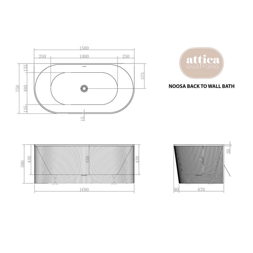 Technical dimensions diagram for Otti Attica Noosa 1500mm back-to-wall bath showing top, side and end views by Tilemall