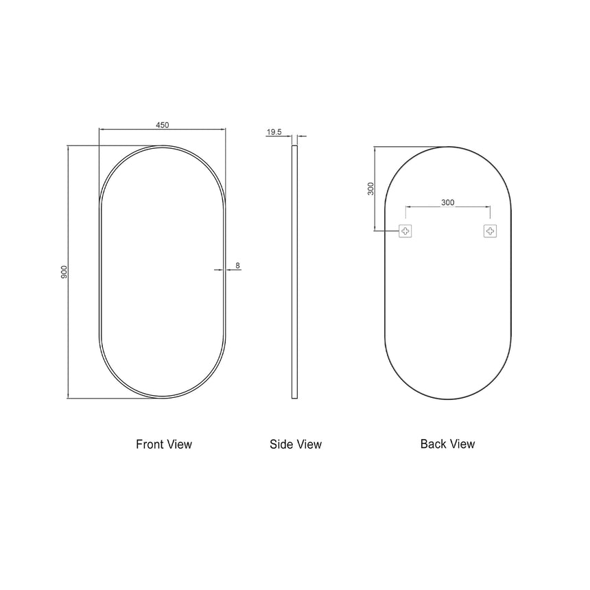 Technical dimensions diagram for Otti Noosa 900x450mm oval framed mirror by Tilemall