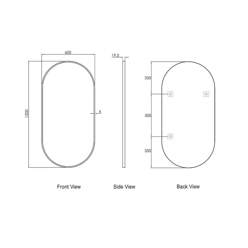 Technical dimensions diagram for Noosa 1200x600mm oval framed mirror showing front, side and back views by Tilemall
