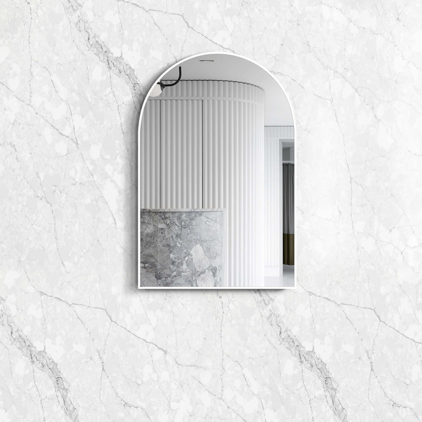 Otti Archie 900x600mm white framed arched bathroom mirror by Tilemall