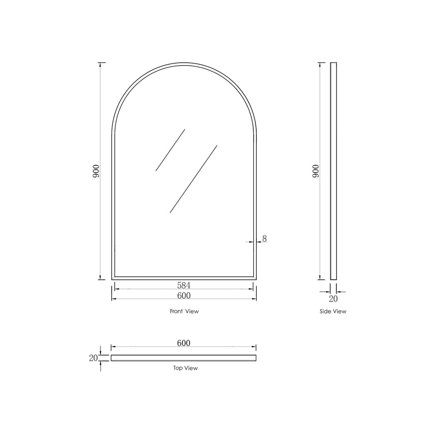 Technical dimensions diagram for Archie 900x600mm framed mirror by Tilemall