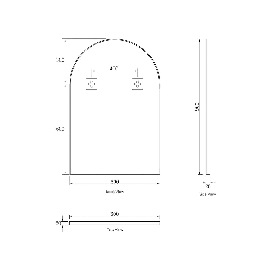 Installation diagram for Archie framed mirror showing wall mounting points by Tilemall