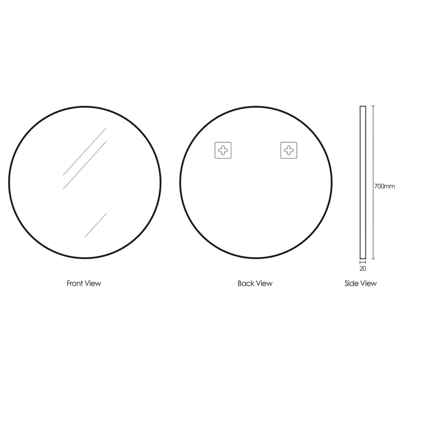 Technical dimensions diagram for Otti Framed Mirror 700mm round, front and back view with mounting detail by Tilemall