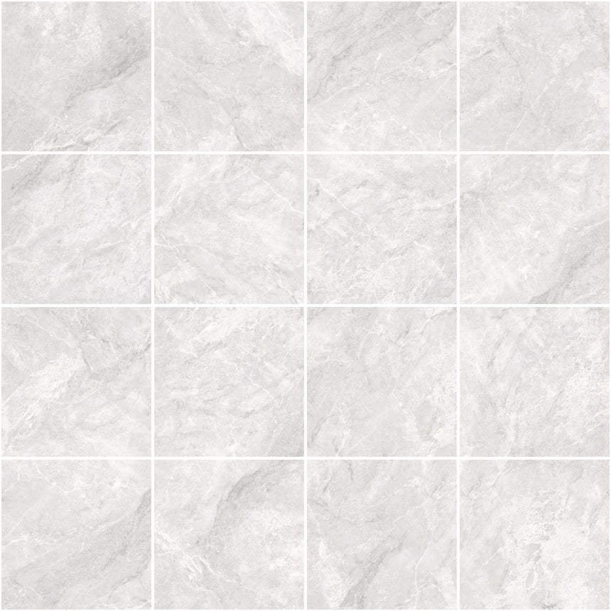 Xia 600x600x9.5mm matt flora white porcelain tiles in stacked grid layout showing veining variation by Tilemall