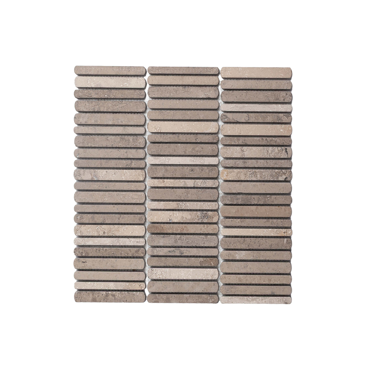 Minuet 327x298mm tumbled Jura grey natural stone mosaic finger sheet by Tilemall in stacked arrangement
